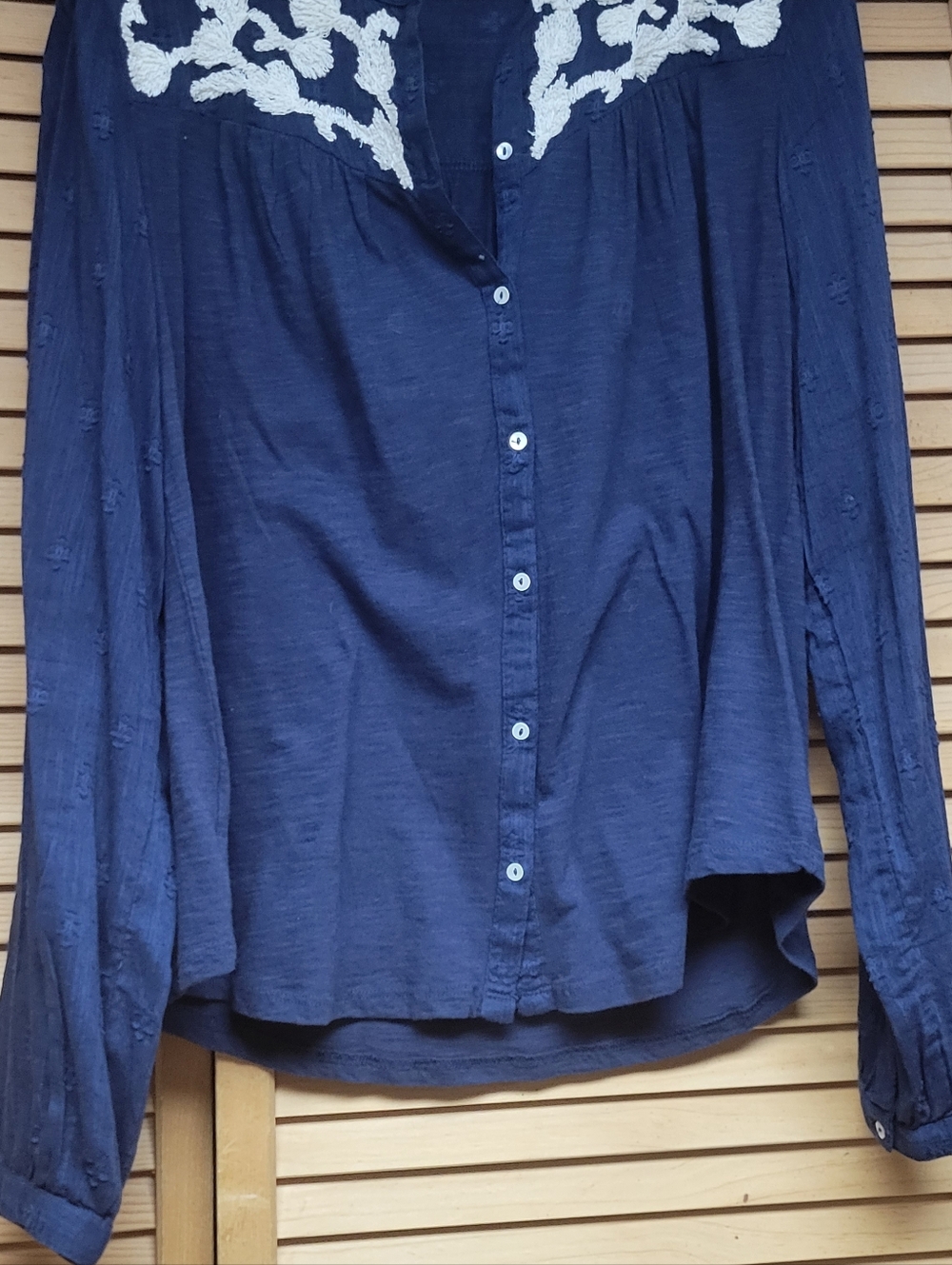 Navy Blue Button-Front Women’s Blouse with White Embroidery